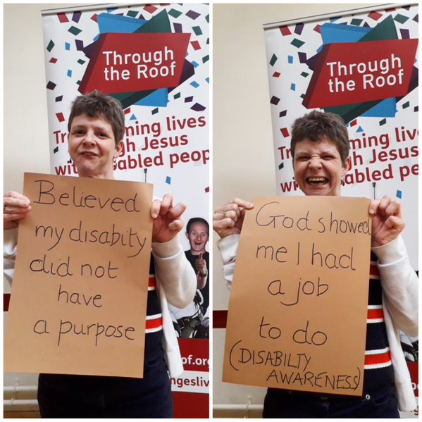 Heidi holding her ‘cardboard testimony’ showing how Roofbreakers transformed her life