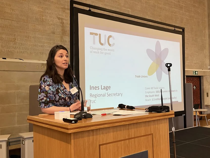 Ines Lage, South West Regional Secretary of the TUC, speaking at Bristol's City Gathering