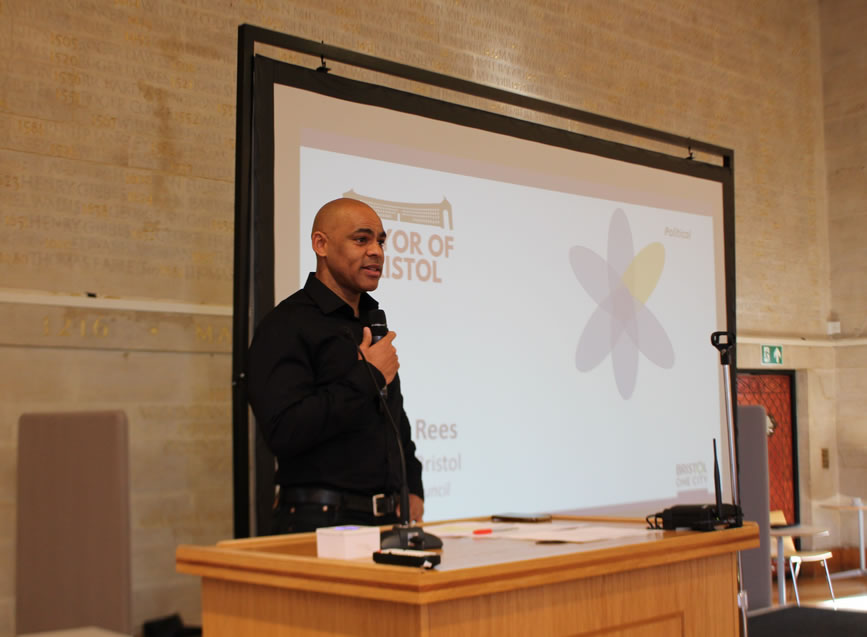 Mayor Marvin Rees speaking at Bristol's City Gathering