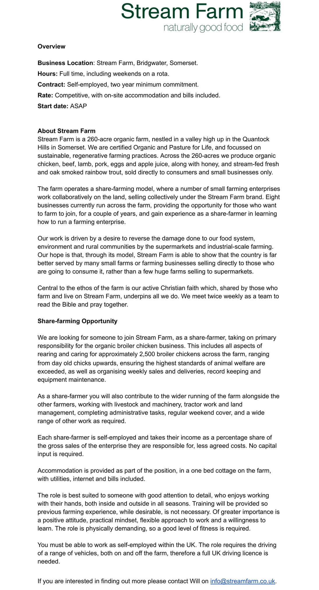 Stream Farm Vacancy - Organic 